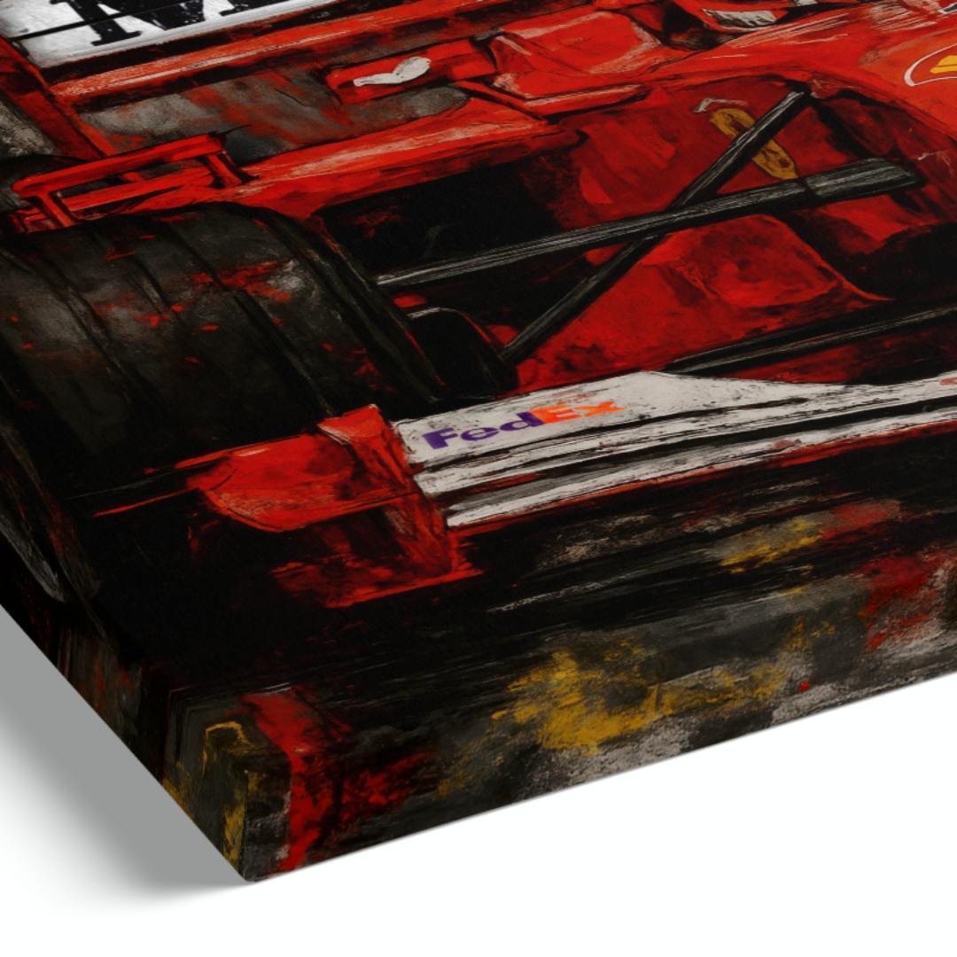 dettaglio quadro moderno appeso di Michael Schumacher nella sua Ferrari rossa sponsorizzata Marlboro