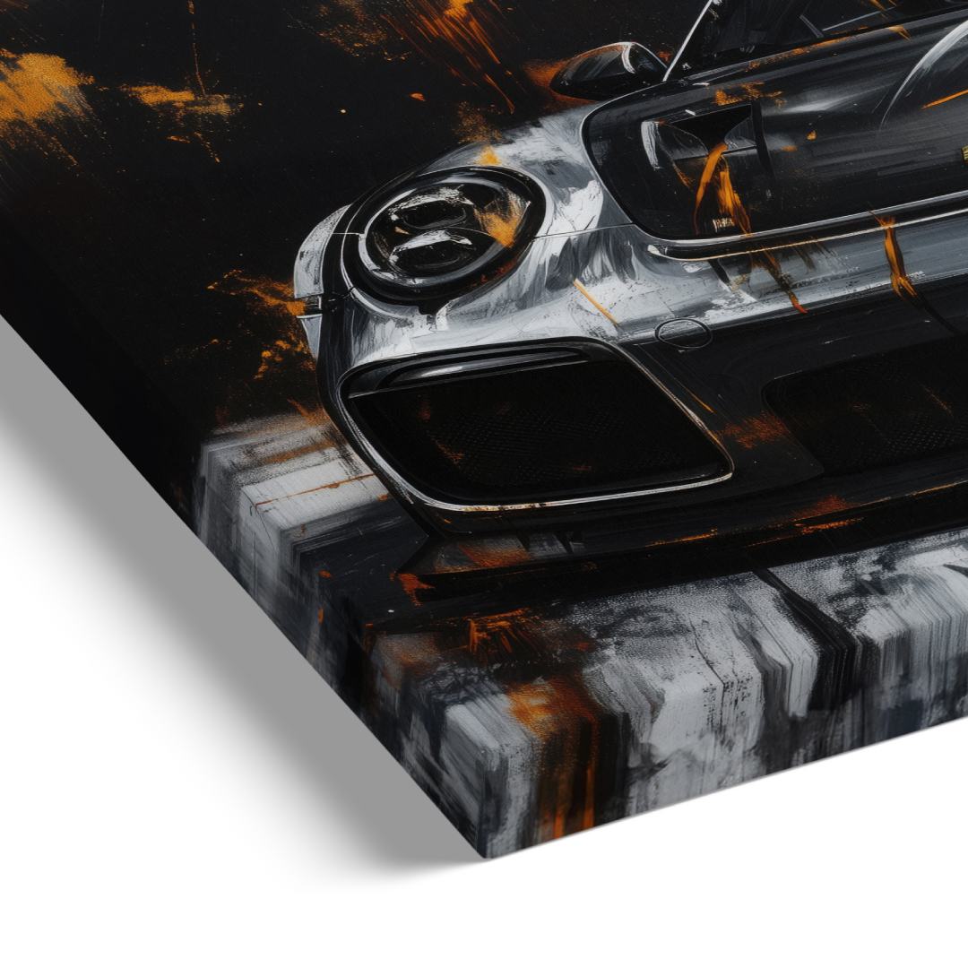 stampa su tela dettaglio telaio porsche 911 gt3 rs oro nera argento su sfondo bianco