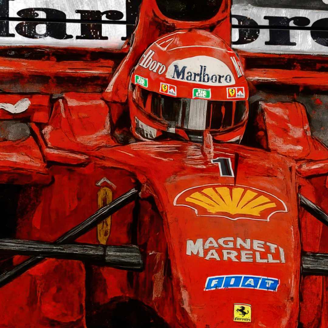 dettaglio zoom del quadro moderno appeso di Michael Schumacher nella sua Ferrari rossa sponsorizzata Marlboro