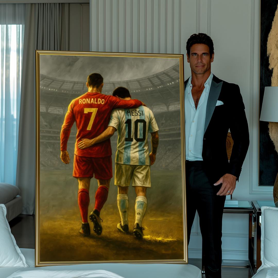 uomo mostra quadro moderno cristiano ronaldo messi abbraccio stadio calcio champions league