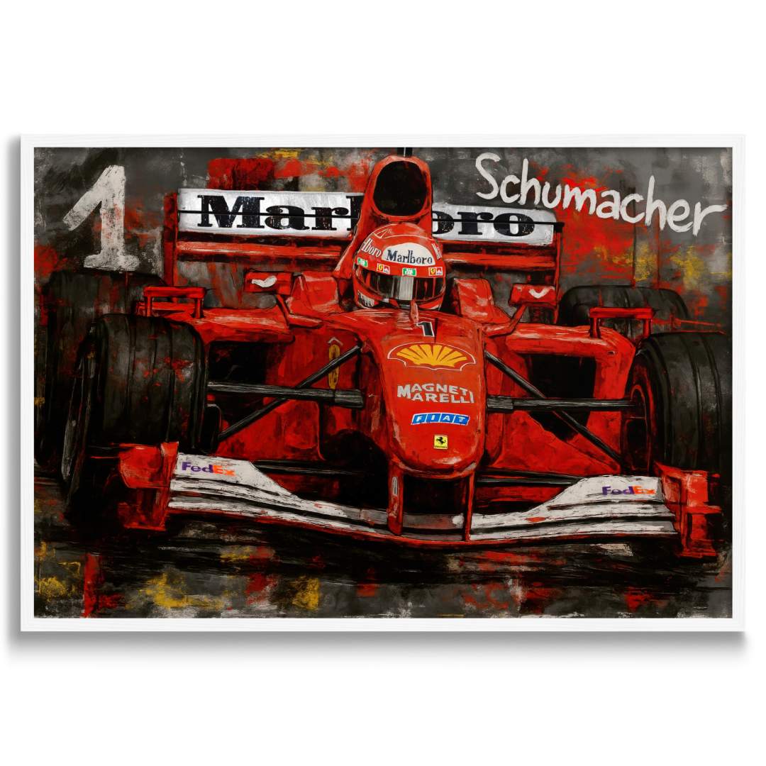 quadro moderno appeso di Michael Schumacher nella sua Ferrari rossa sponsorizzata Marlboro cornice bianca