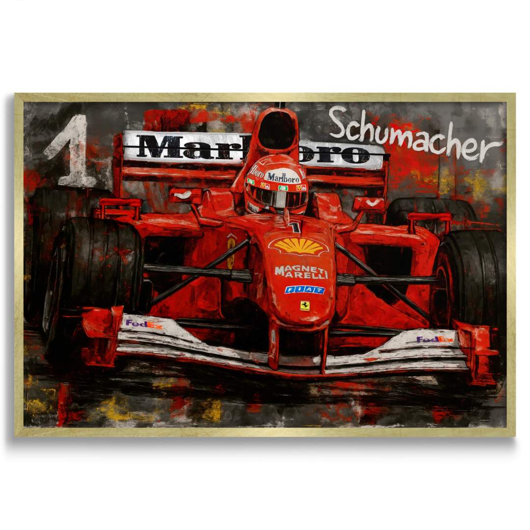 quadro moderno appeso di Michael Schumacher nella sua Ferrari rossa sponsorizzata Marlboro cornice oro