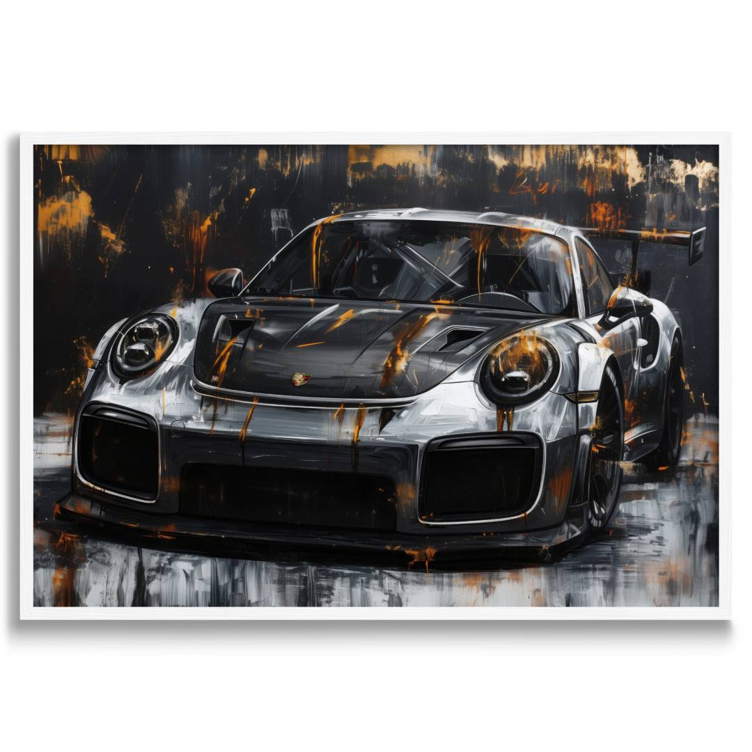 stampa su tela con cornice bianca porsche 911 gt3 rs oro nera argento su sfondo bianco
