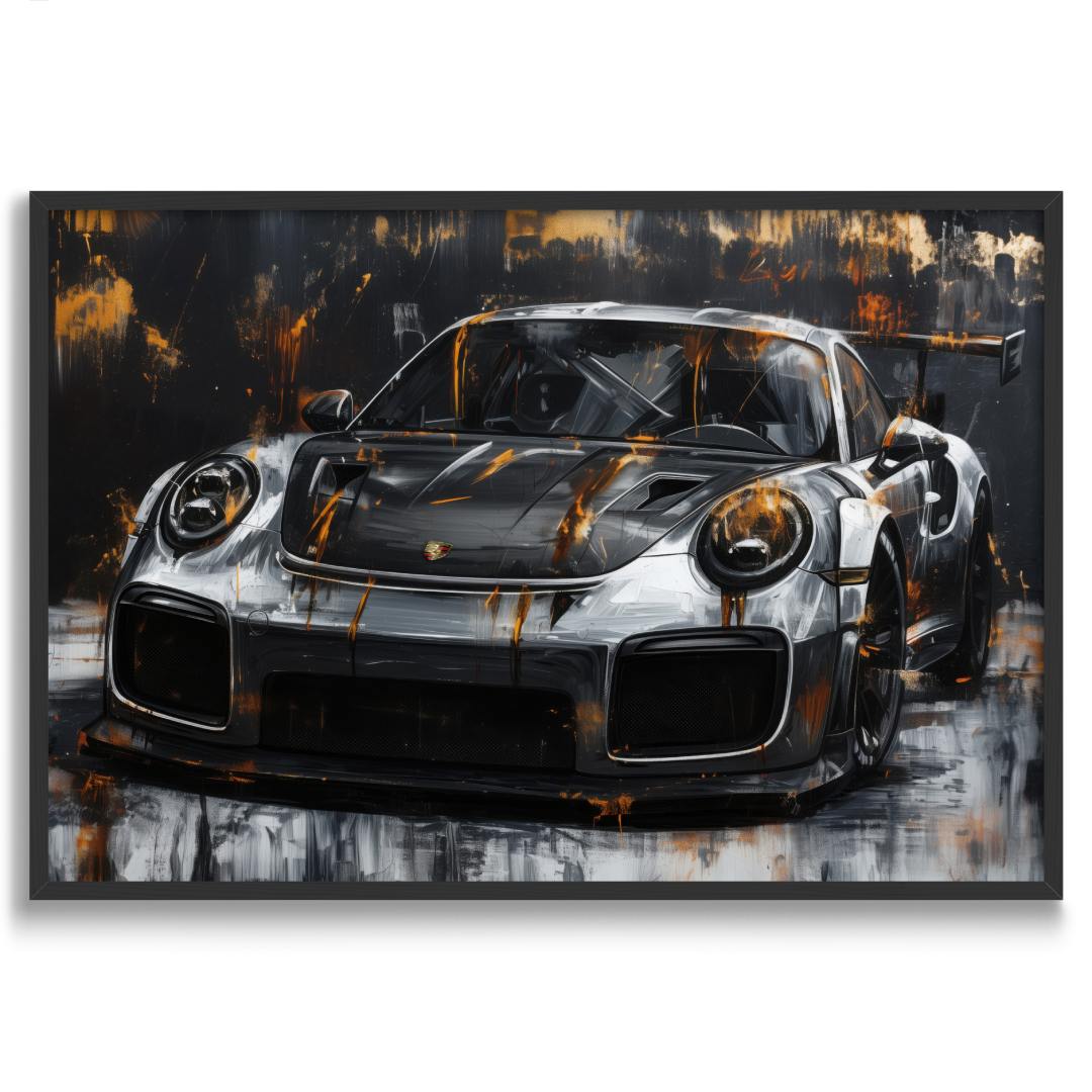 stampa su tela con cornice nera porsche 911 gt3 rs oro nera argento su sfondo bianco