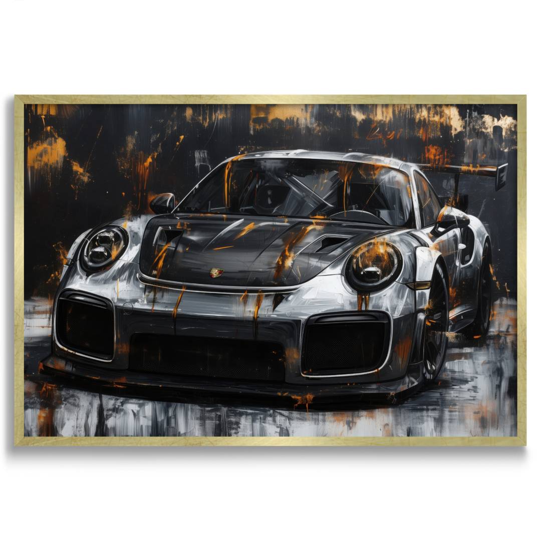 stampa su tela con cornice oro porsche 911 gt3 rs oro nera argento su sfondo bianco