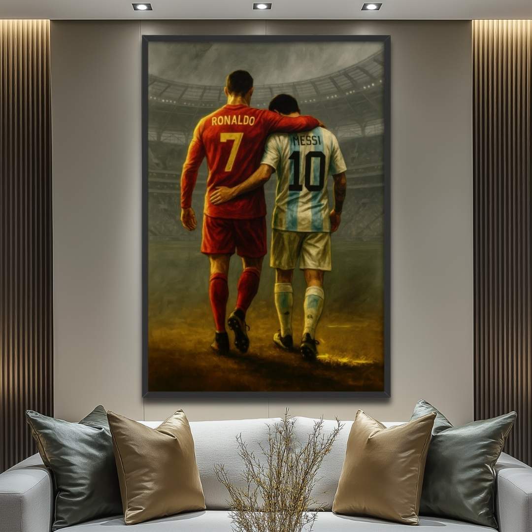 quadro moderno cristiano ronaldo messi abbraccio stadio calcio champions league appeso salotto