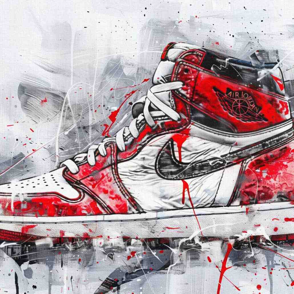 Dettaglio di stampa su tela contemporanea con la sneaker nike jordan 1 retro high og, stile pop art