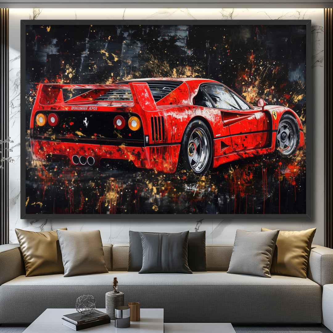 stampa su tela moderna ferrari f40 appesa in soggiorno lussuoso