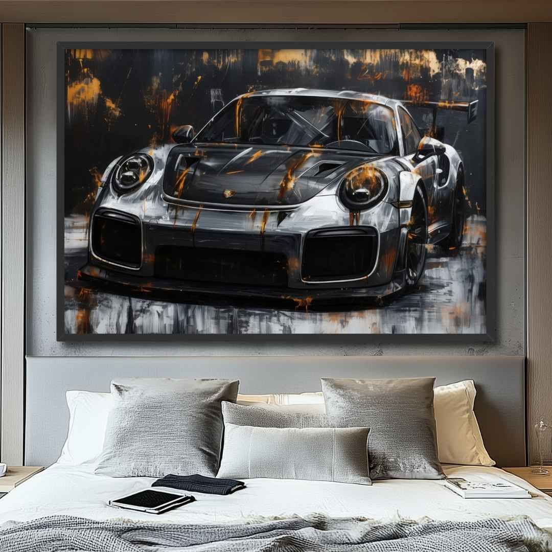 camera con appesa quadro porsche 911 gt3 rs oro nero argento