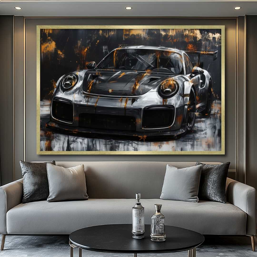 soggiorno con appeso quadro porsche 911 gt3 rs oro nero argento
