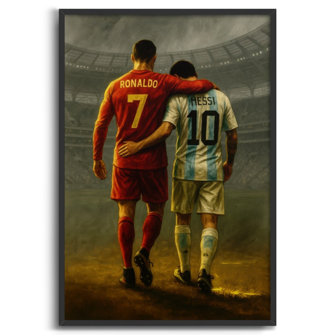 quadro moderno cristiano ronaldo messi abbraccio stadio calcio champions league  cornice nera