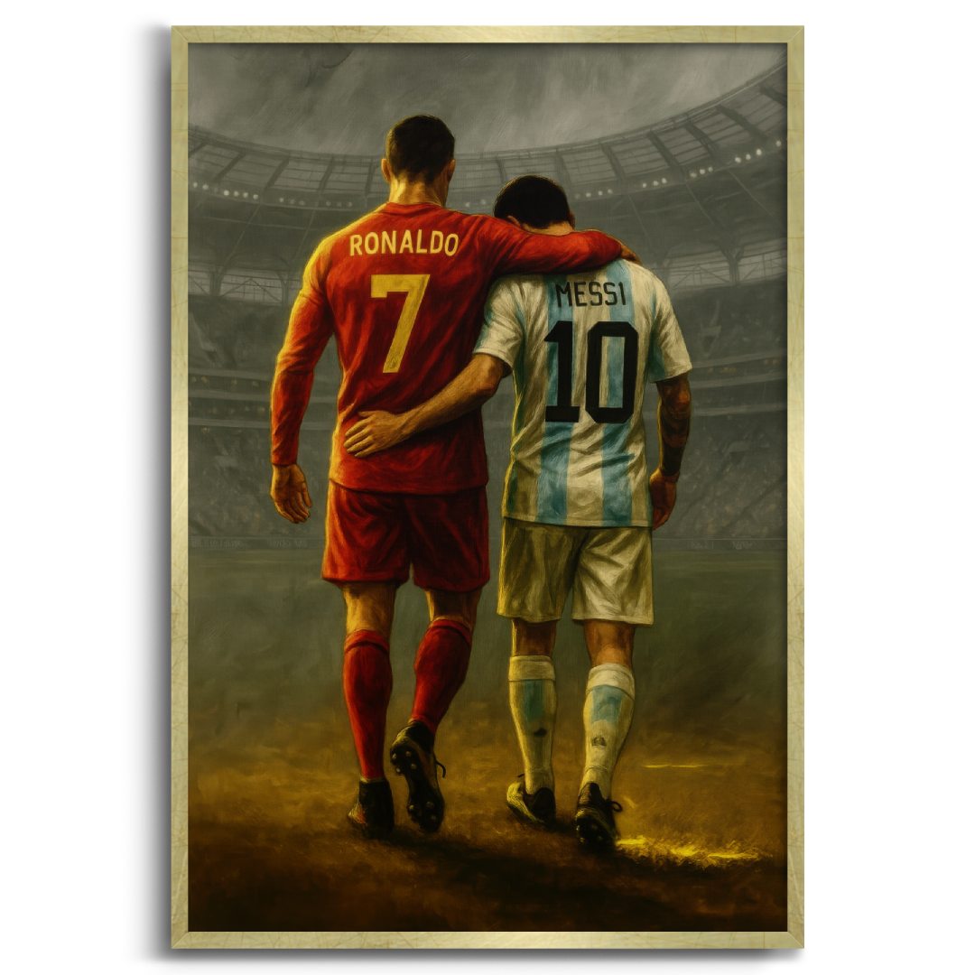 quadro moderno cristiano ronaldo messi abbraccio stadio calcio champions league  cornice oro
