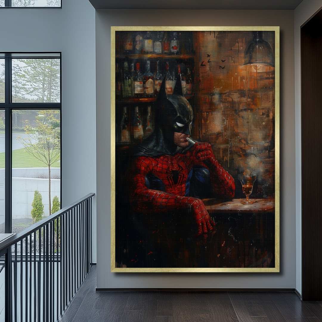 anticamera appesa stampa su tela moderna con batman e spiderman al bar che fumano pensierosi, atmosfera tetra