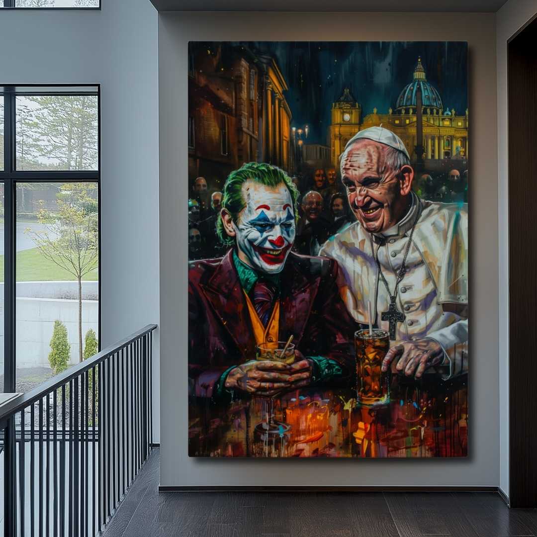 stampa su tela pop art con Joker e papa francesco bevono al bar a roma in piazza san pietro, appesa in anticamera