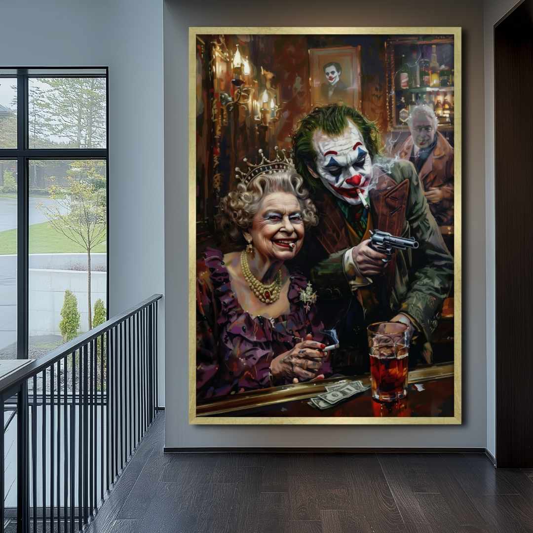 stampa su tela pop art con Joker e la Regina Elisabetta che fumano al bar con pistole e banconote sul tavolo, appesa anticamera casa