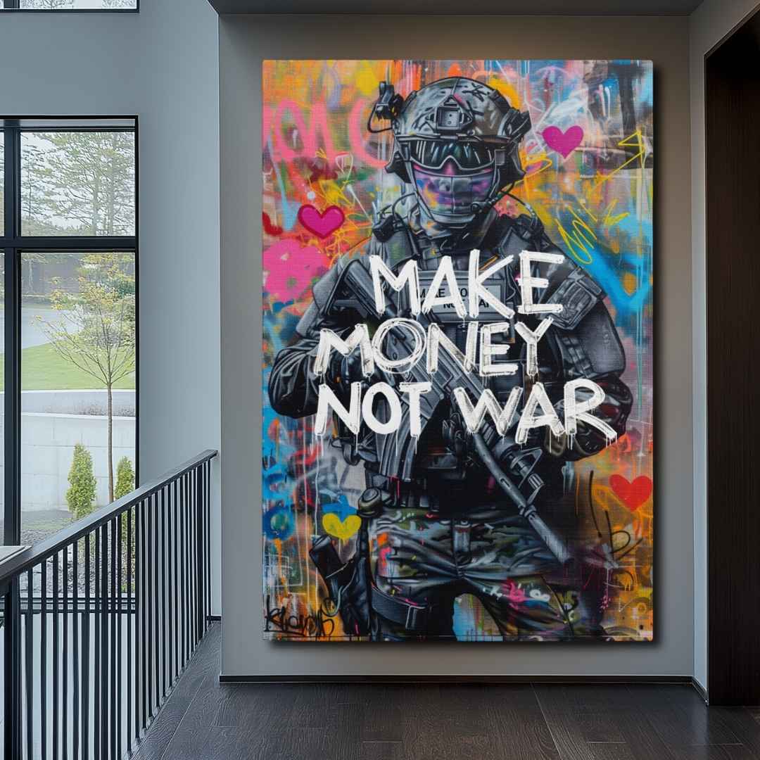 anticamera appesa stampa su tela pop art con soldato e la scritta 'make money not war', motivi di amore e affari