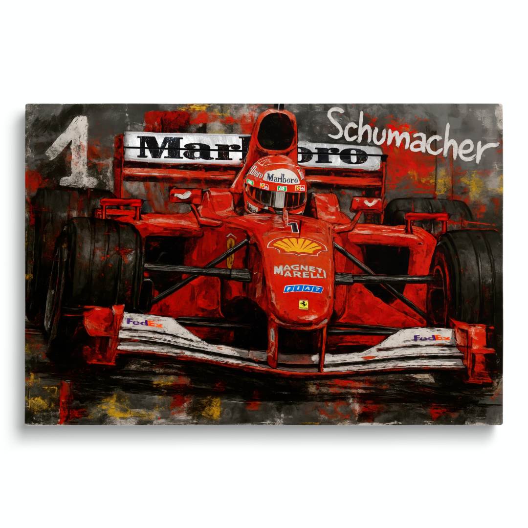 quadro moderno appeso di Michael Schumacher nella sua Ferrari rossa sponsorizzata Marlboro