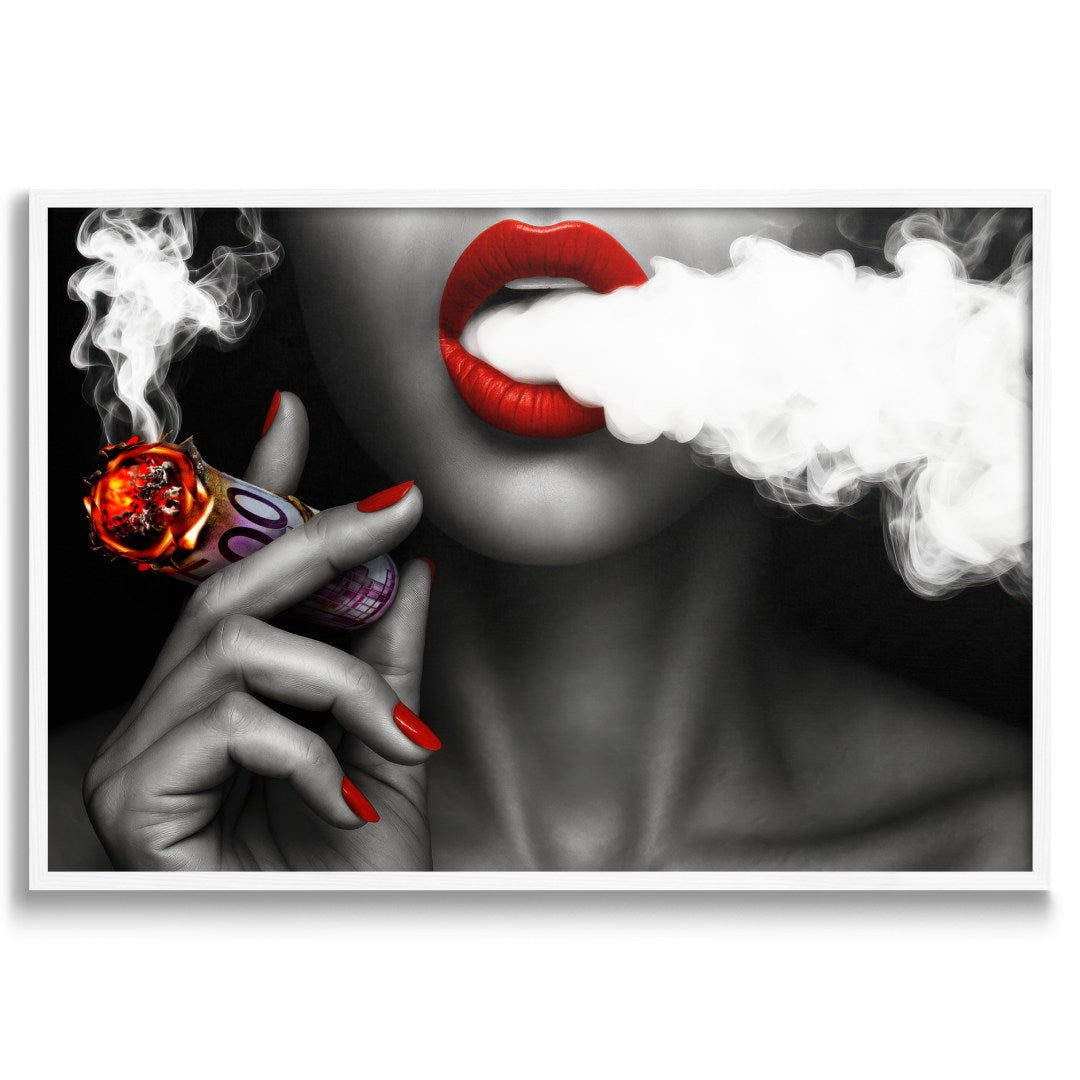 quadro moderno appeso donna che fuma banconota 500 euro cornice bianca sfondo bianco