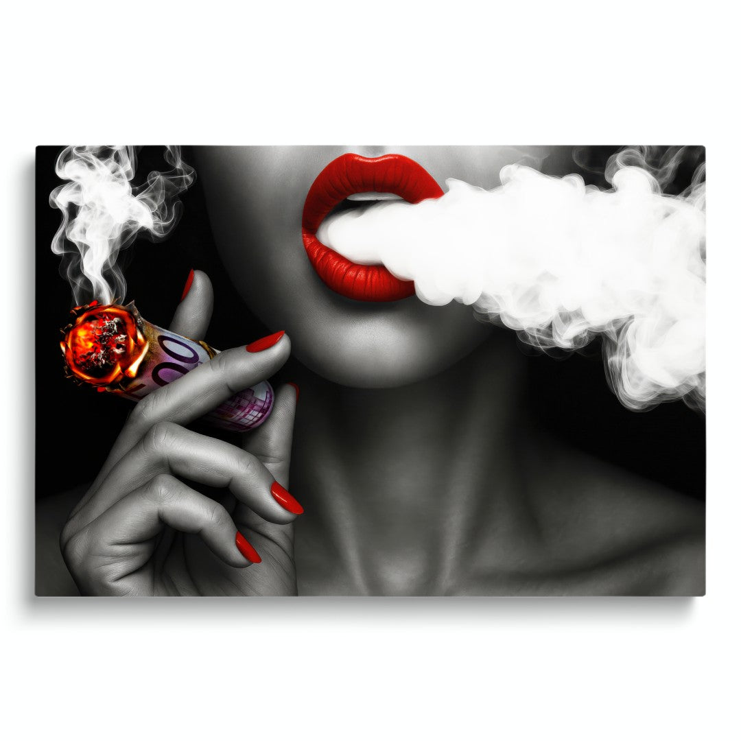 quadro moderno appeso salotto donna che fuma banconota 500 euro fumo bianco senza cornice