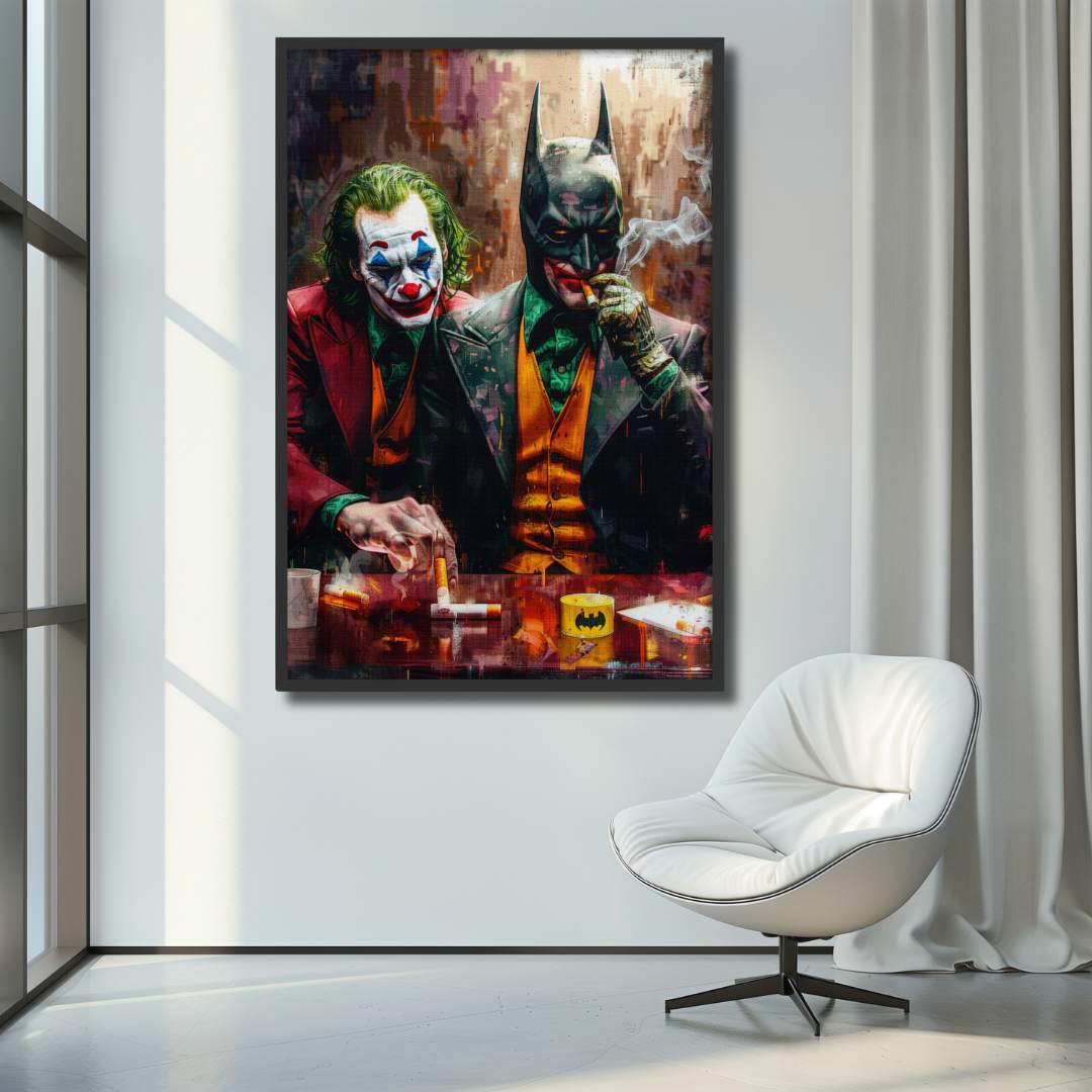 stampa su tela pop art di joker e batman che fumano ad un bar, esposta in un attico moderno