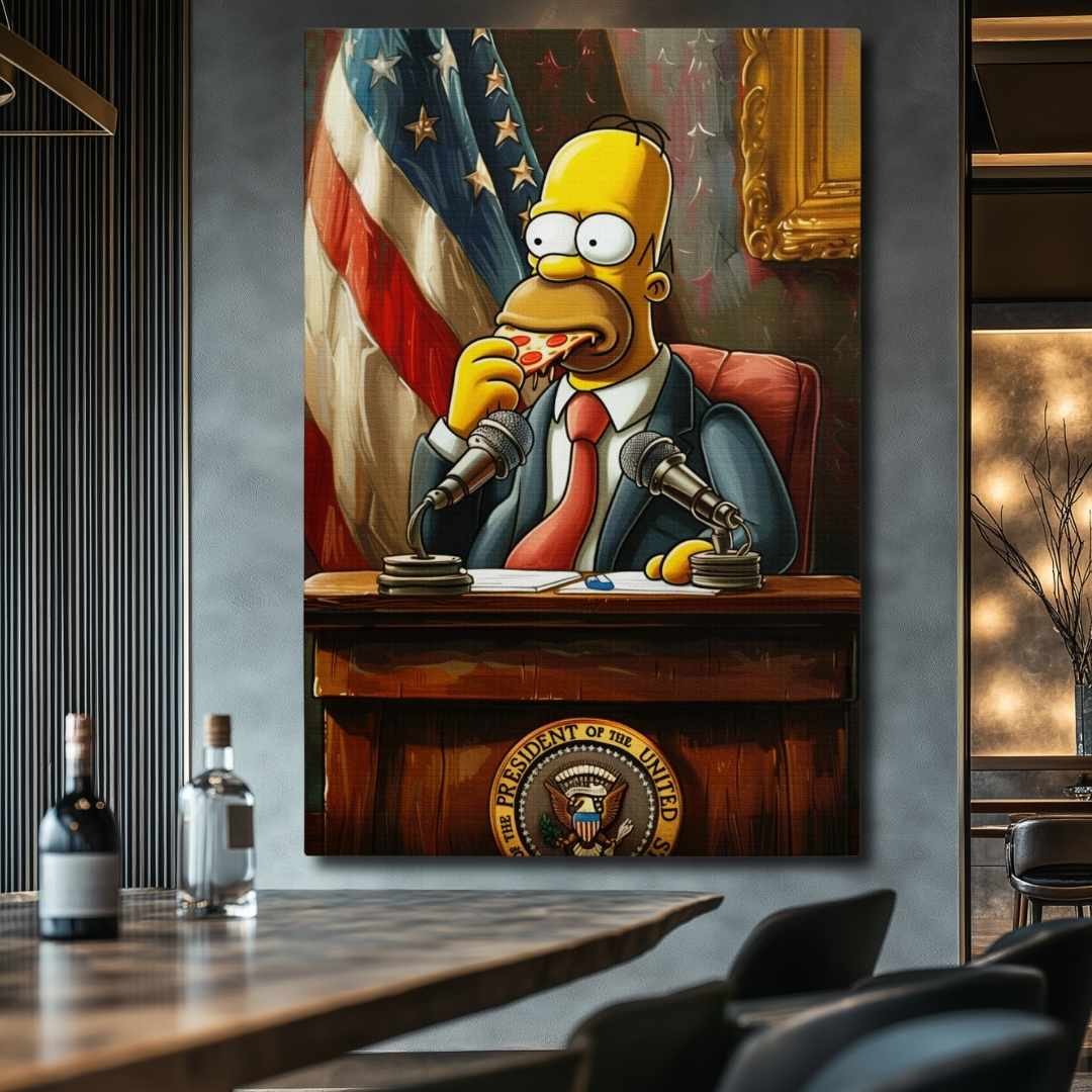 bar ristorante appesa tela pop art con Homer Simpson presidente USA, seduto a una conferenza mentre mangia una pizza