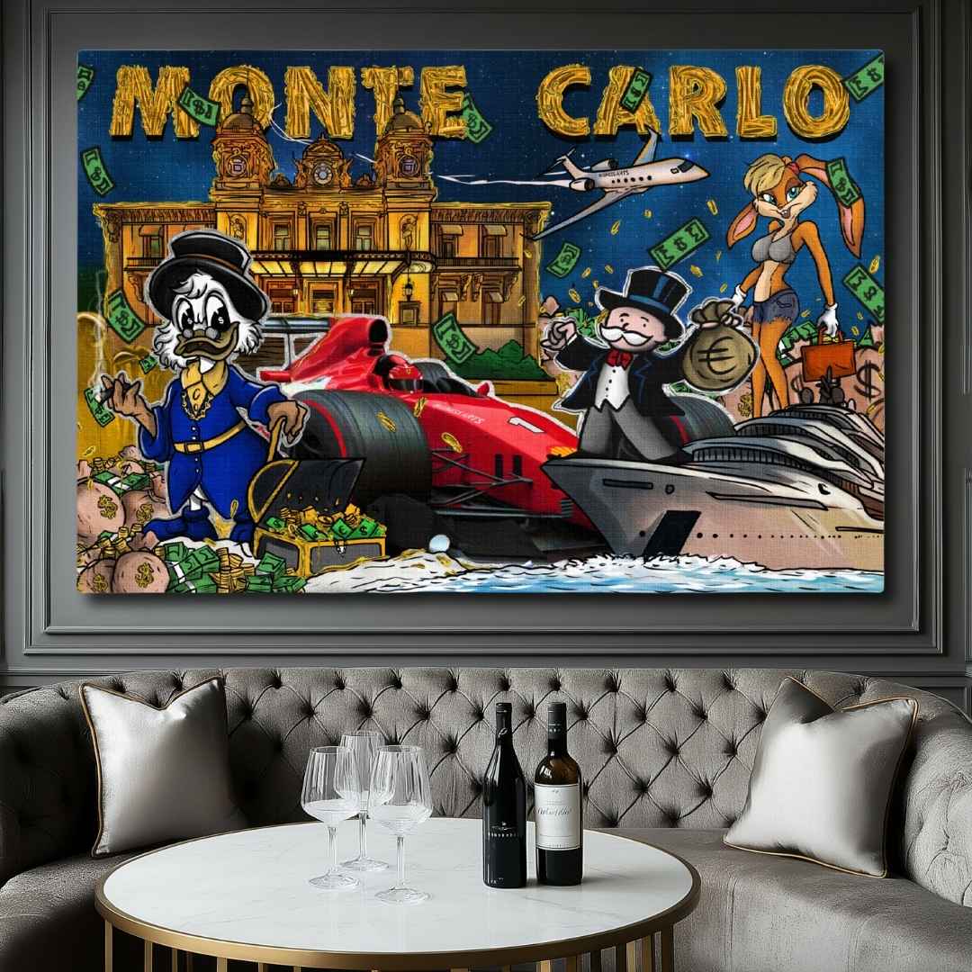 camera appesa stampa su tela pop art di Montecarlo con zio paperone lola bunny e mr. monopoly, con Ferrary e Yacht