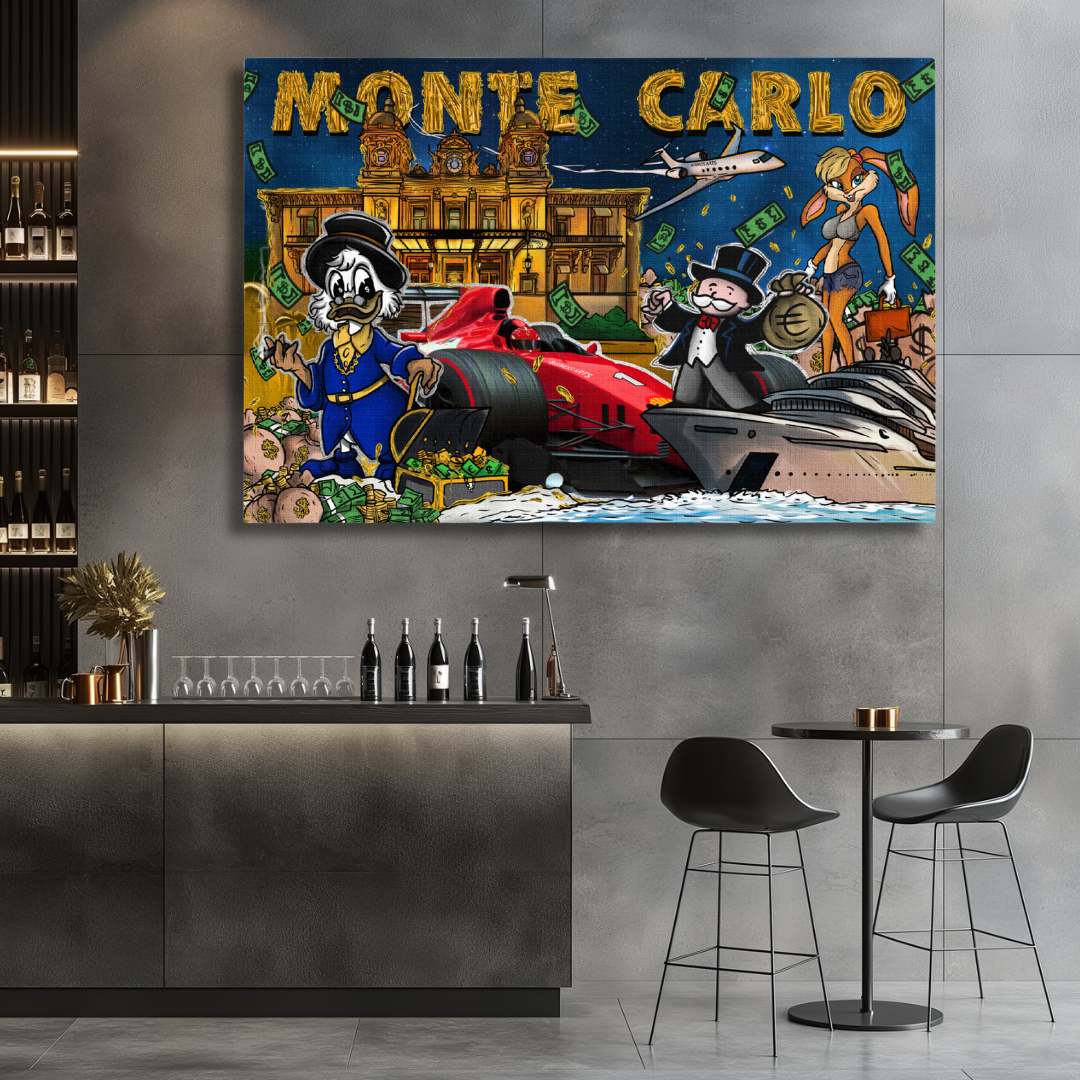 stampa su tela pop art di Montecarlo con zio paperone lola bunny e mr. monopoly, con Ferrary e Yacht in un lussuoso bar