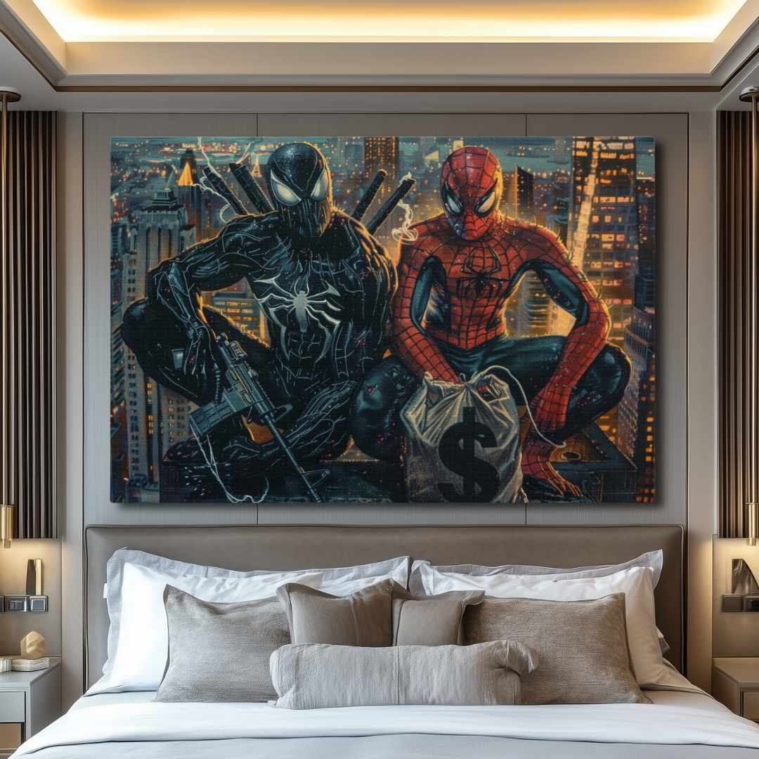 camera appesa stampa su tela pop art con spiderman e venom in cima ad un grattacielo di notte, con soldi e fucili