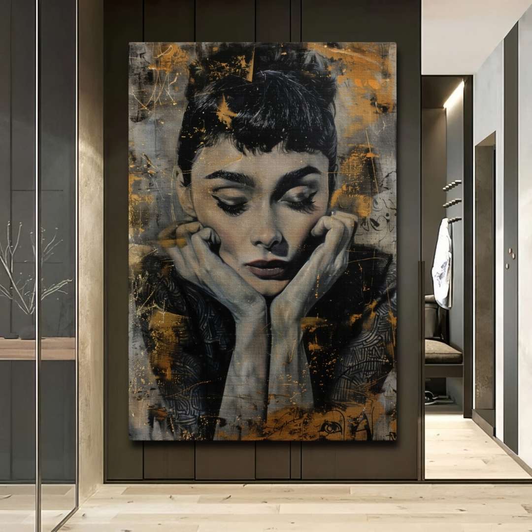 camera appesa stampa su tela moderna con ritratto di Audrey Hepburn, motivi lussuosi, colori oro argento e nero