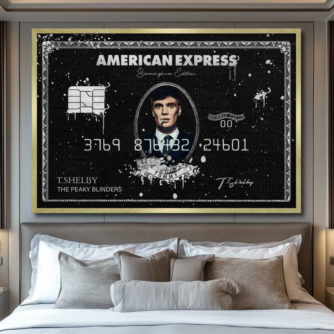 camera appesa tela pop art di una carta Amex Centurion con Cillian Murphy come Tommy Shelby di Peaky Blinders