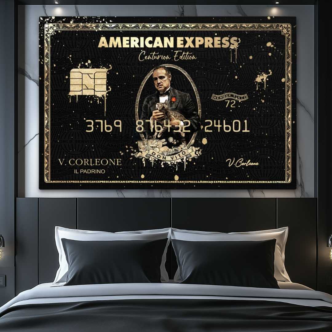 Stampa su tela moderna di un amex con all'interno il padrino, appesa in camera da letto