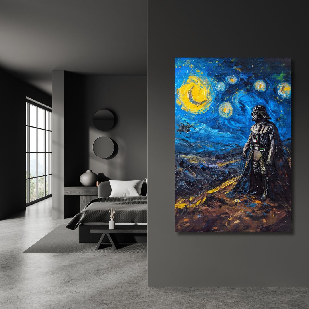 Tela moderna con Darth Vader nella 'Notte stellata' di Van Gogh reinterpretata, in una camera da letto elegante e raffinata. 