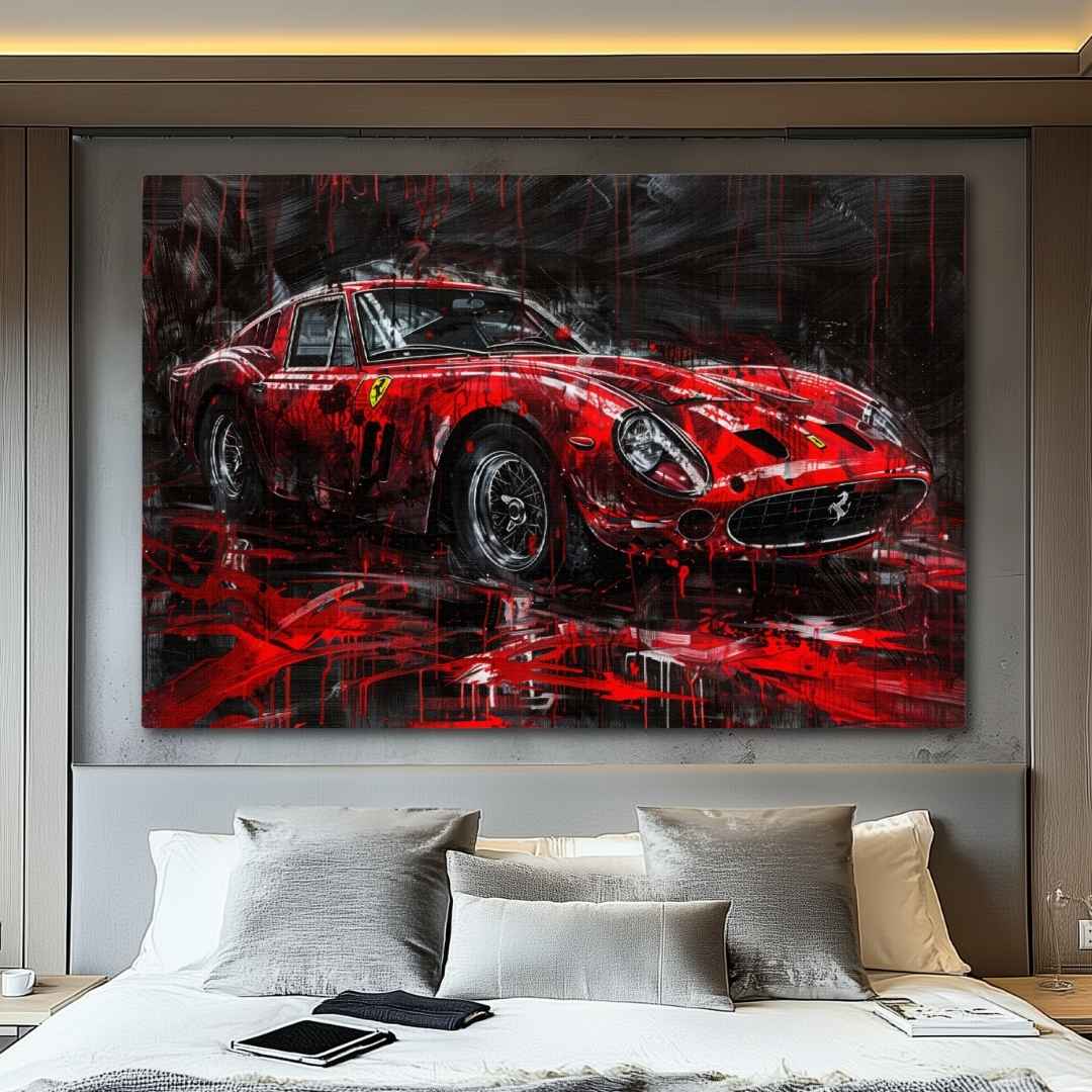 Stampa su tela moderna di una Ferrari 250 GTO in stile astratto-contemporaneo, colori rosso e nero, appesa camera