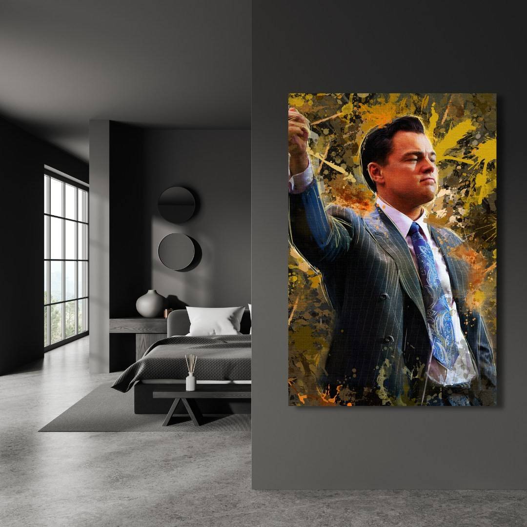 stampa su tela pop art di un ritratto Di Caprio in Jordan Belfort di The Wolf of Wall Street in un'elegante stanza da letto