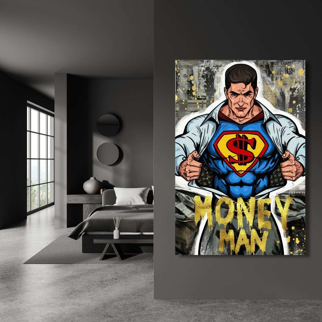 tela pop art di Superman con il simbolo '$' invece della 'S' classica, motivi lussuosi, in una lussuosa stanza da letto