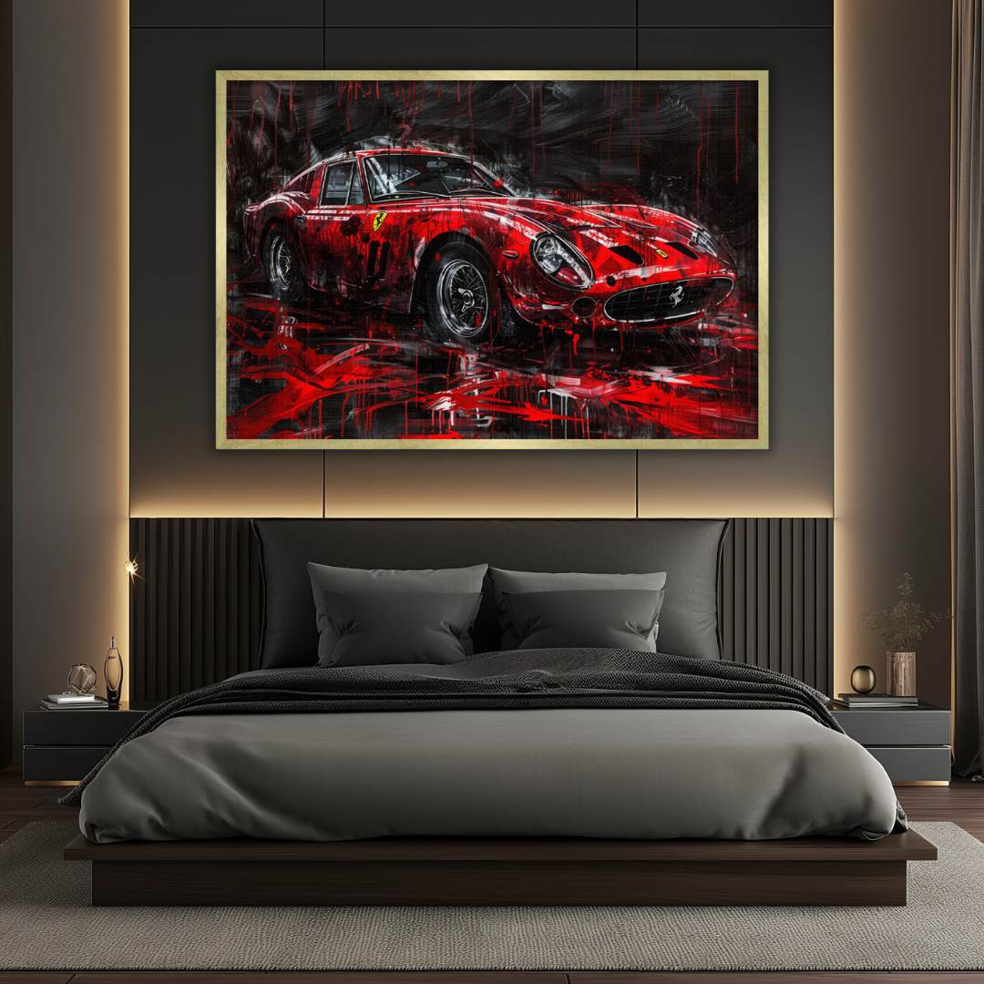 Stampa su tela moderna di una Ferrari 250 GTO in stile astratto-contemporaneo, colori rosso e nero in un elegante camera