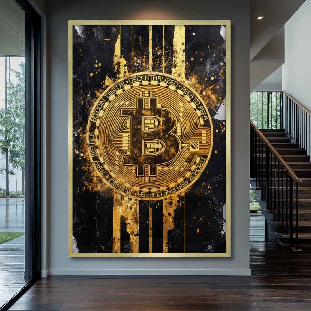 stampa su tela moderna bitcoin cripto oro nera appesa in casa