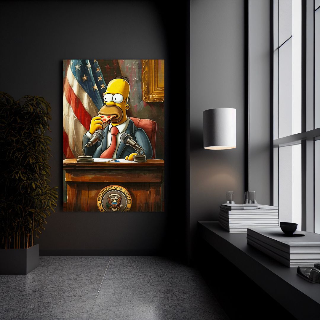 Tela pop art con Homer Simpson presidente USA, seduto a una conferenza mentre mangia una pizza, esibita in una lussuosa villa