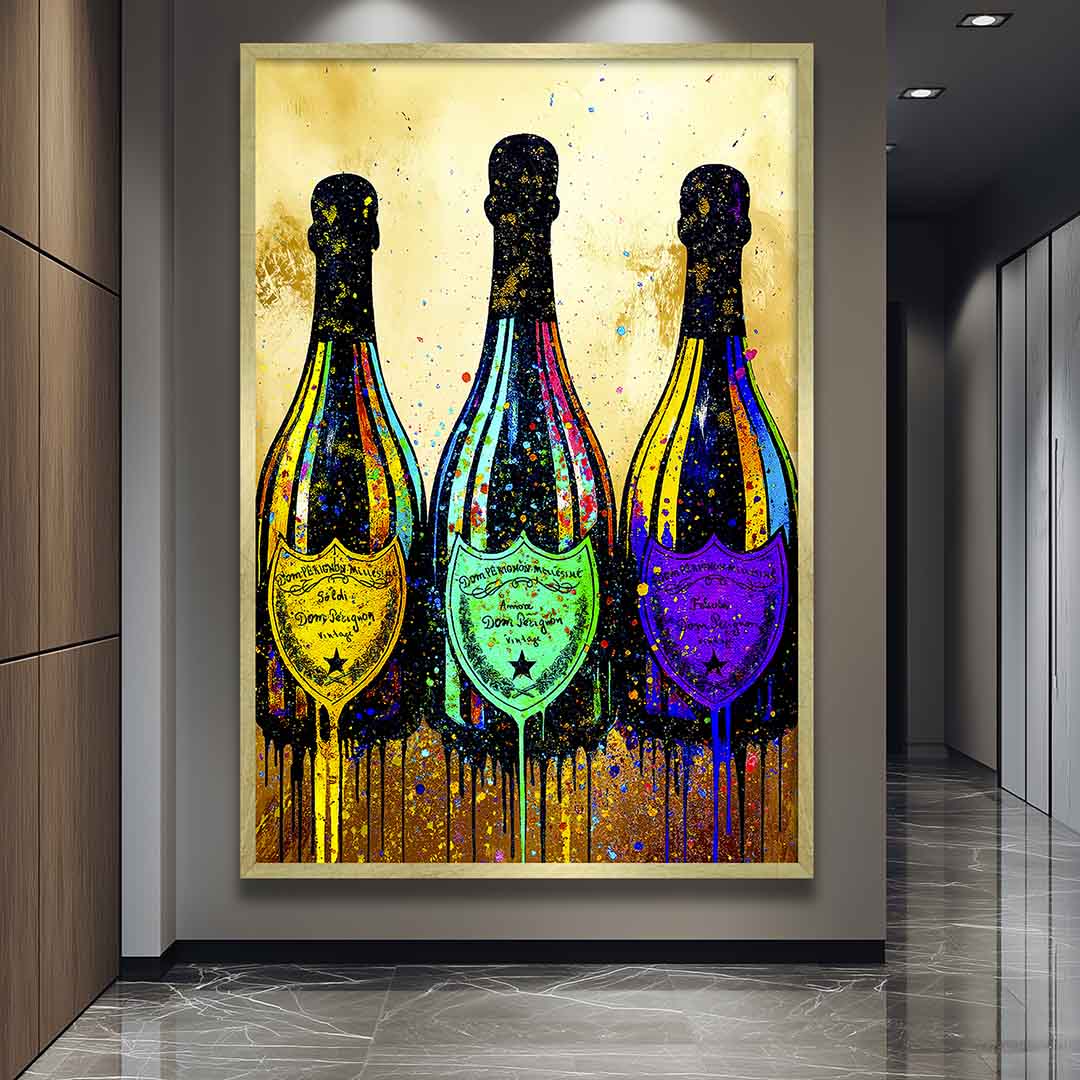 corridoio quadro moderno appeso dom perignon champagne bottiglie festa bar
