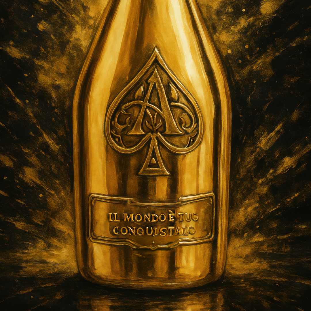 dettaglio zoom quadro moderno appeso con bottiglia d'oro Armand de Brignac su sfondo nero e oro