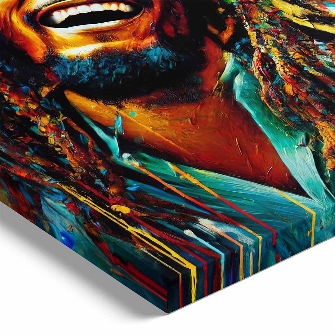 stampa su tela moderna bob marley colorato gioioso, dettaglio telaio su sfondo bianco