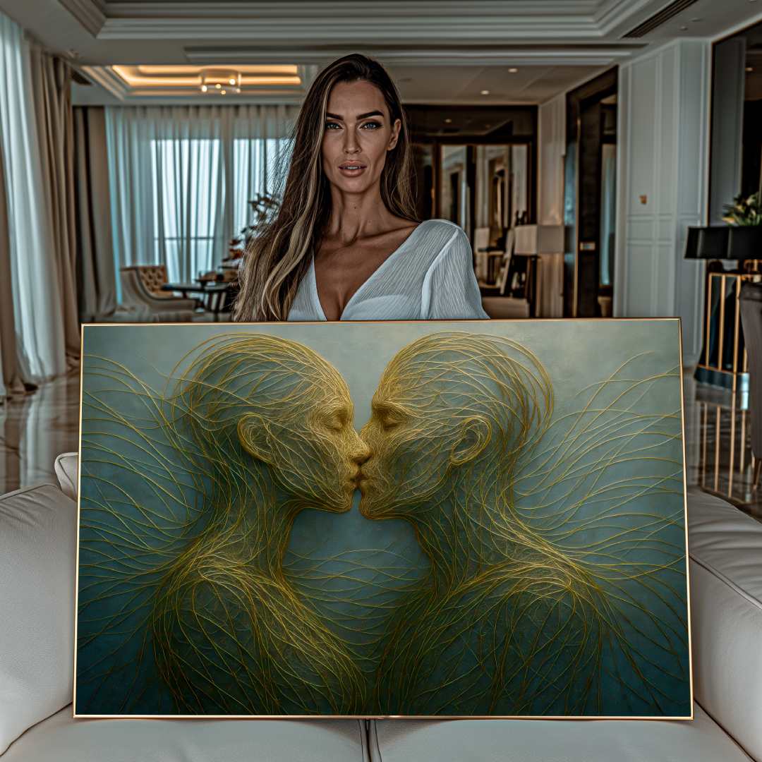 donna mostra quadro moderno astratto bacio persone che si baciano fatte di fili d'oro sfondo verde salotto