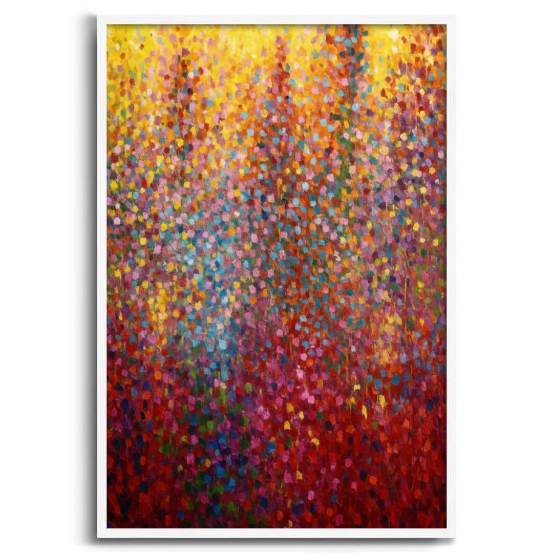 quadro moderno appeso pioggia di colori rosso giallo azzurro rosa cornice bianca