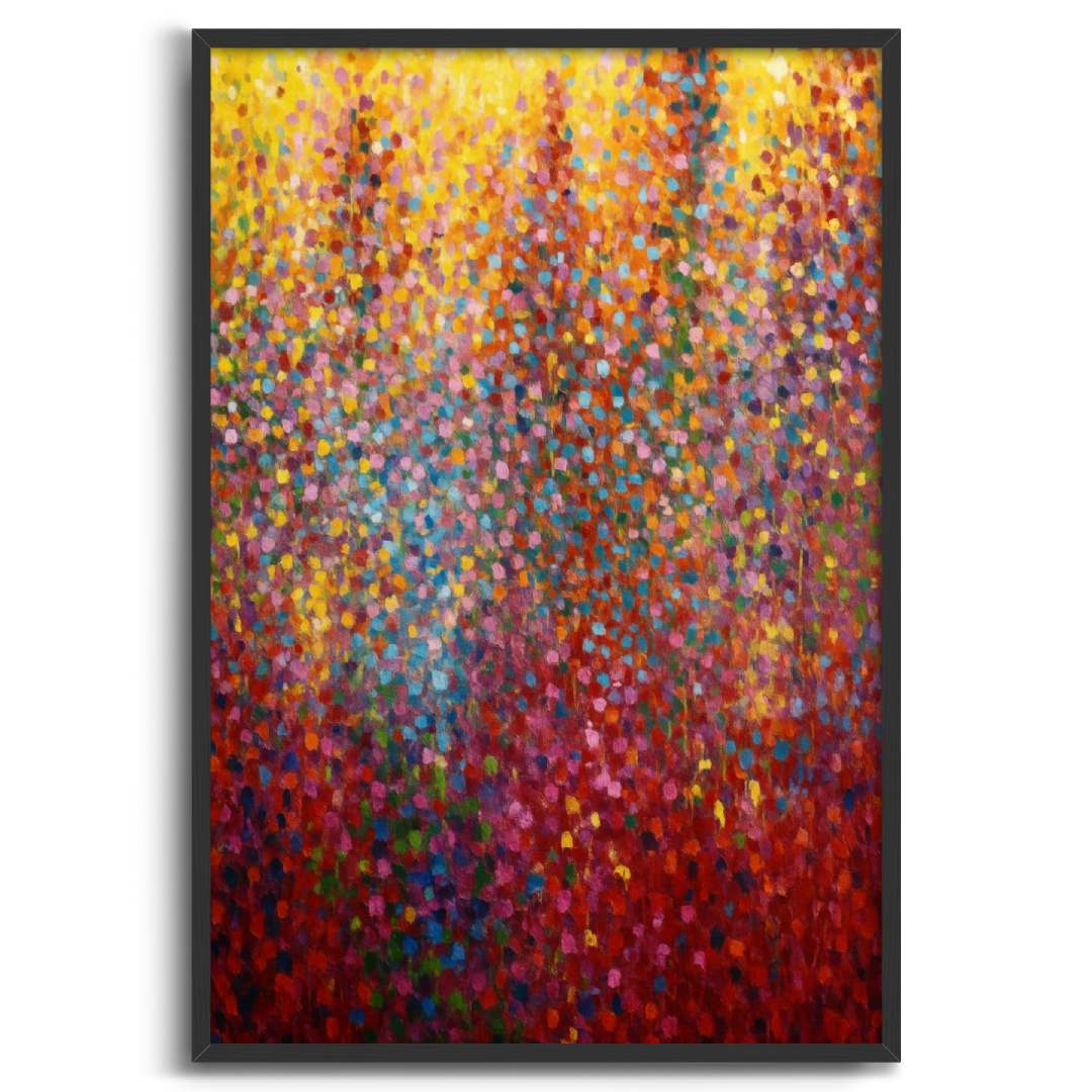 quadro moderno appeso pioggia di colori rosso giallo azzurro rosa cornice nera