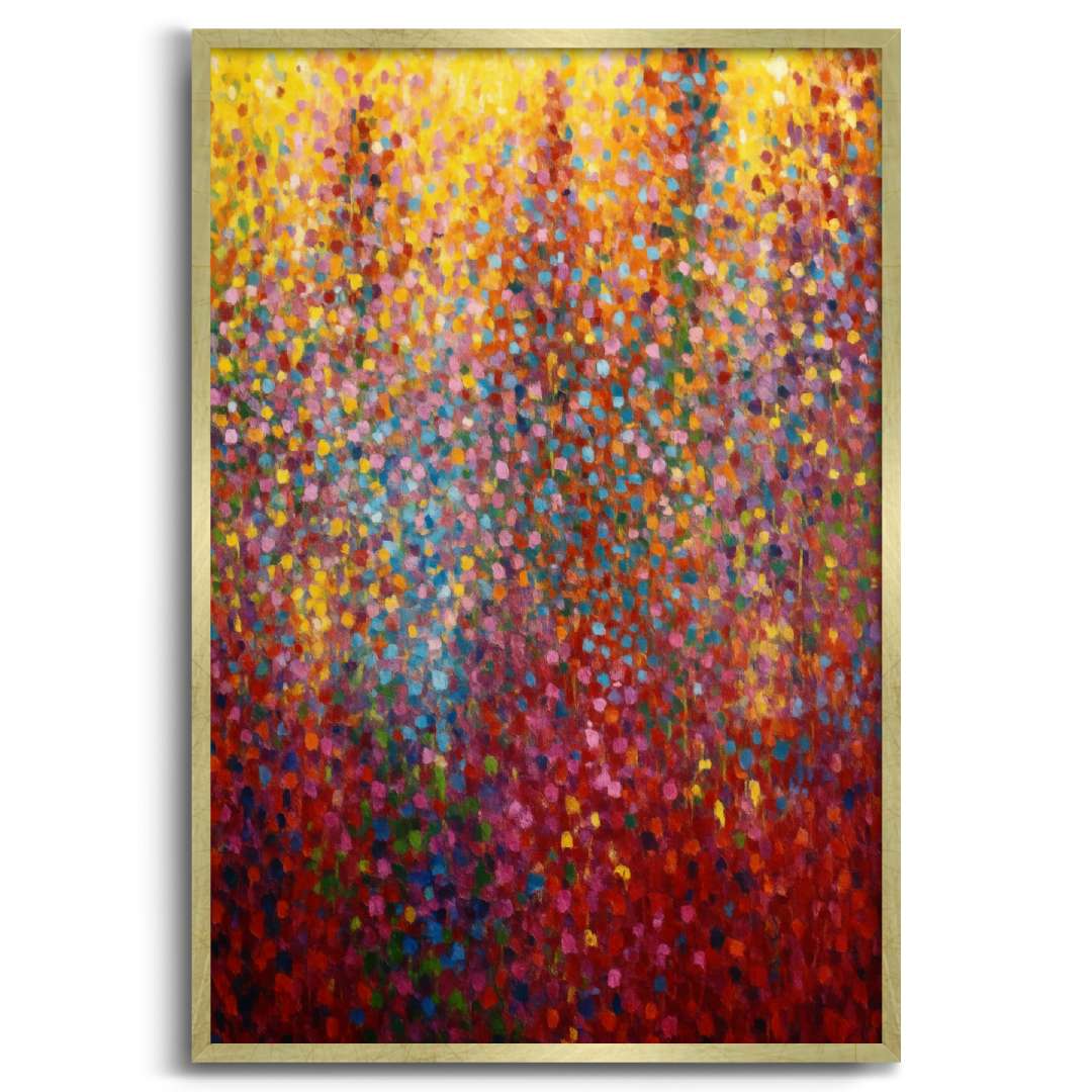quadro moderno appeso pioggia di colori rosso giallo azzurro rosa cornice oro