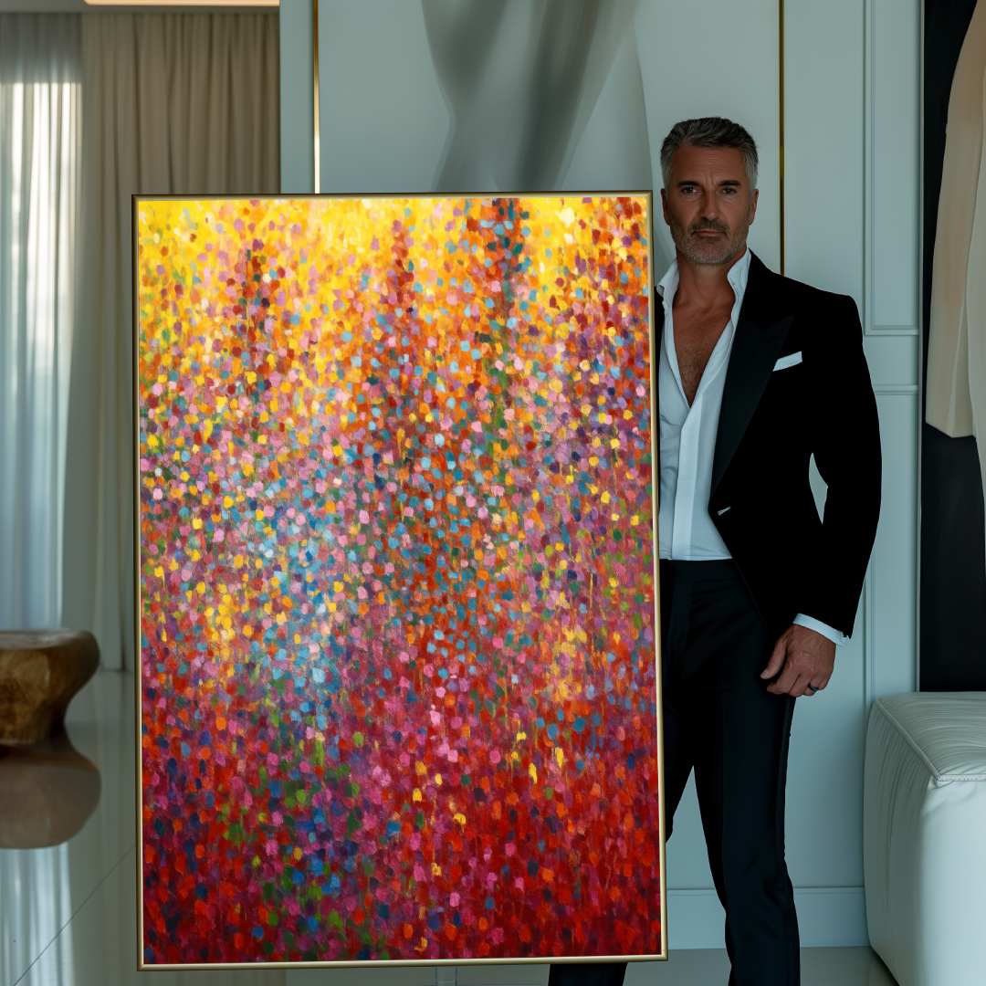 uomo mostra quadro moderno appeso pioggia di colori rosso giallo azzurro rosa