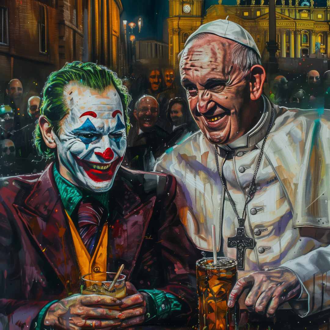 dettaglio ravvicinato di stampa su tela pop art con Joker e papa francesco bevono al bar a roma in piazza san pietro