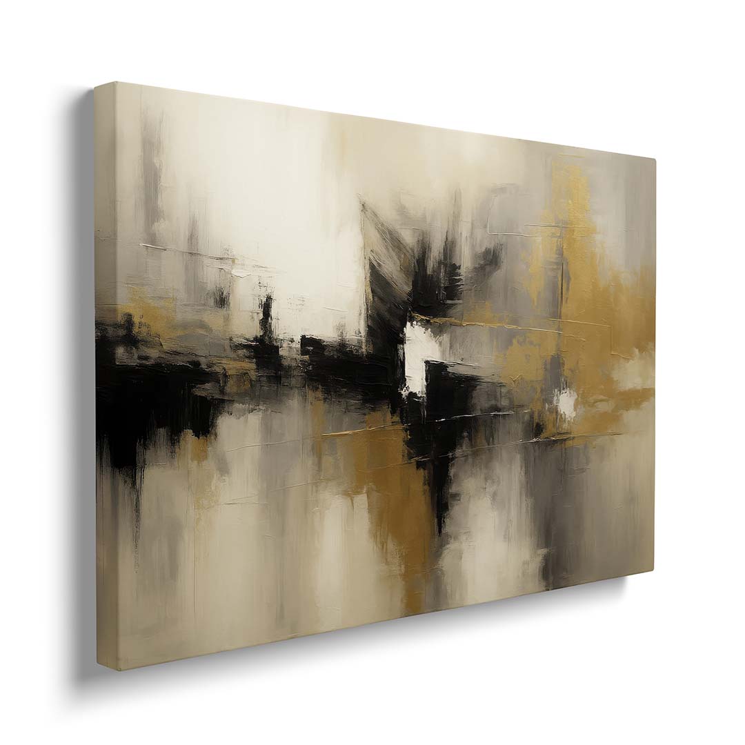 dettaglio quadro moderno astratto oro nero beige riflessi appeso 