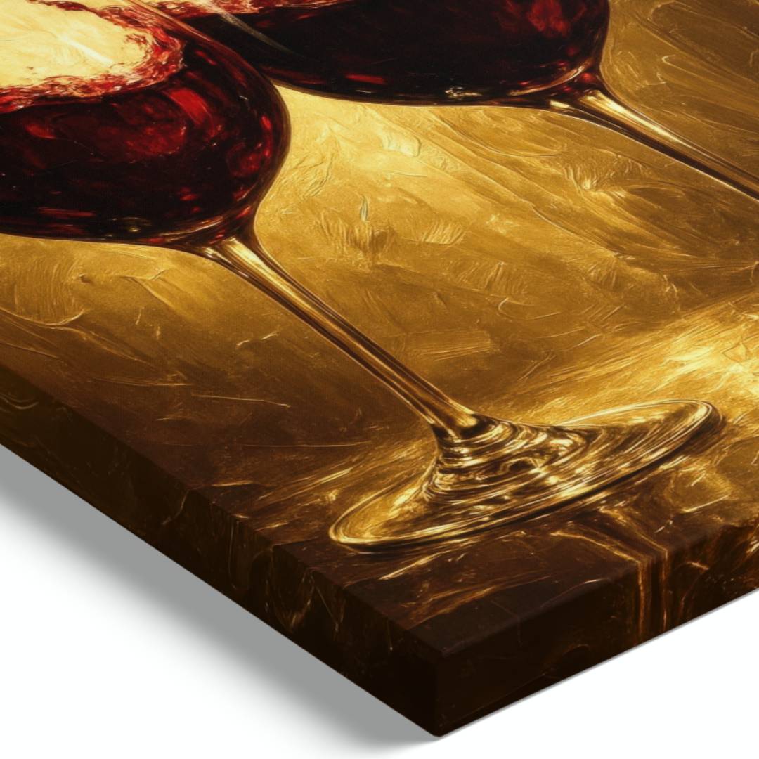 dettaglio laterale quadro moderno appeso due calici di vino rosso che si toccano schizzi di vino  su sfondo oro