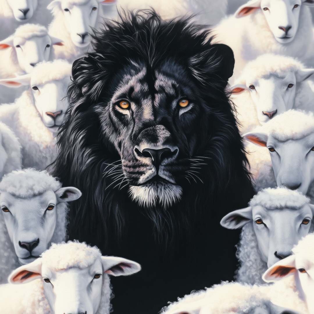 quadro moderno leone nero tra le pecore pecora nera dettaglio ravvicinato